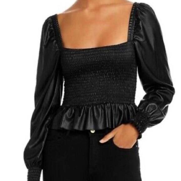 7 For All Mankind I Faux Leather Black Smocked Peplum Square Neck Top XS - Picture 1 of 9